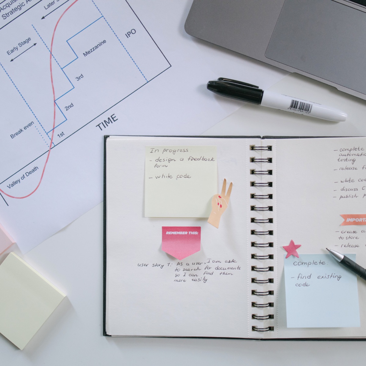 Carnet de notes avec post-it et graphique de suivi de projet