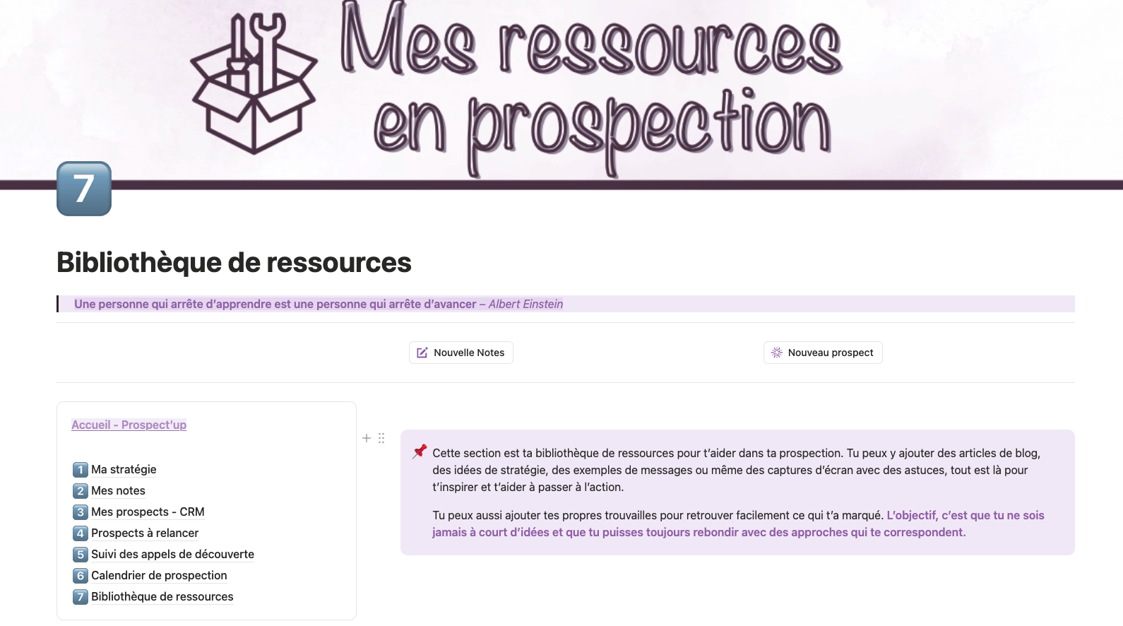 Aperçu de la bibliothèque de ressources du template Prospect'Up
